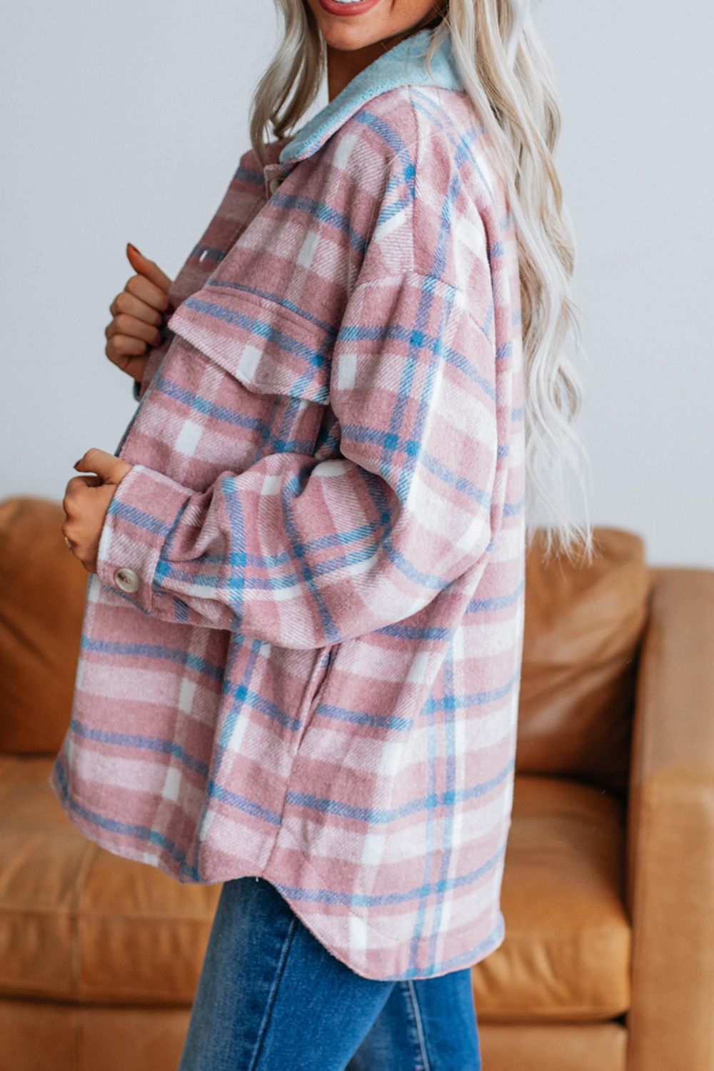 Plaid Collared Neck Flap Pockets Shacket - felvior