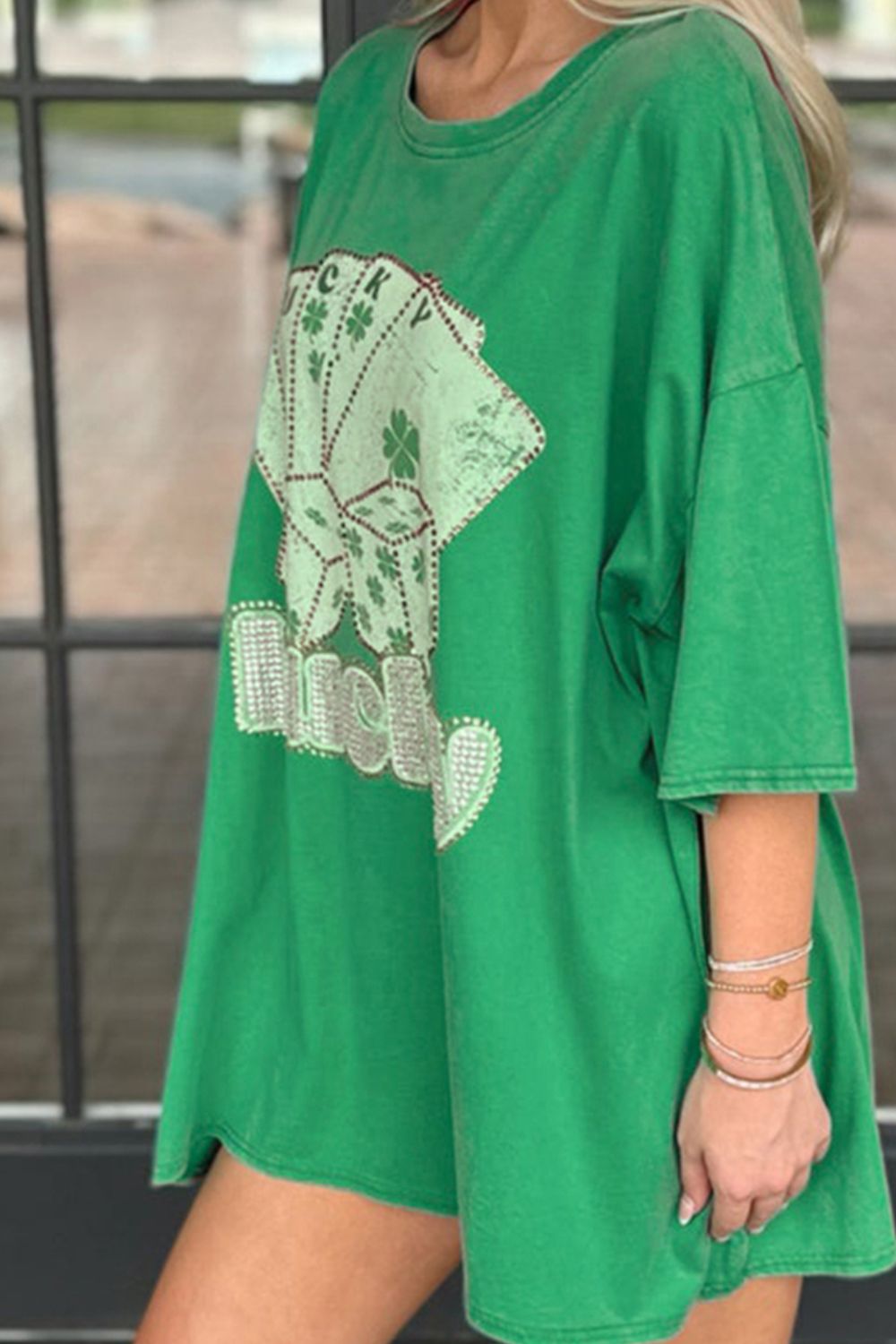 Rhinestone Lucky Poker Cards Oversized T-Shirt
