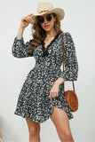 Printed Plunge Neck Flounce Sleeve Mini Dress - felvior