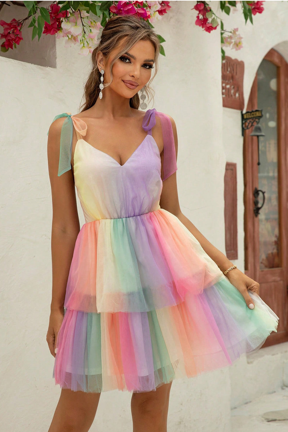 Gradient Tie-Shoulder Layered Dress - felvior