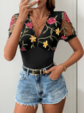 Perfee Embroidered V-Neck Floral Bodysuit - felvior