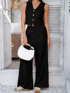 Devine Button Down Lace Detail Vest and Pants Set