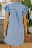 Smocked Collared Neck Cap Sleeve Denim Dress - felvior