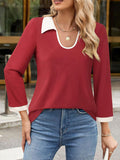 Contrast Collared Neck Long Sleeve Top - felvior