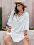 Plus Size Lace Detail Tie Neck Three-Quarter Sleeve Mini Dress - felvior