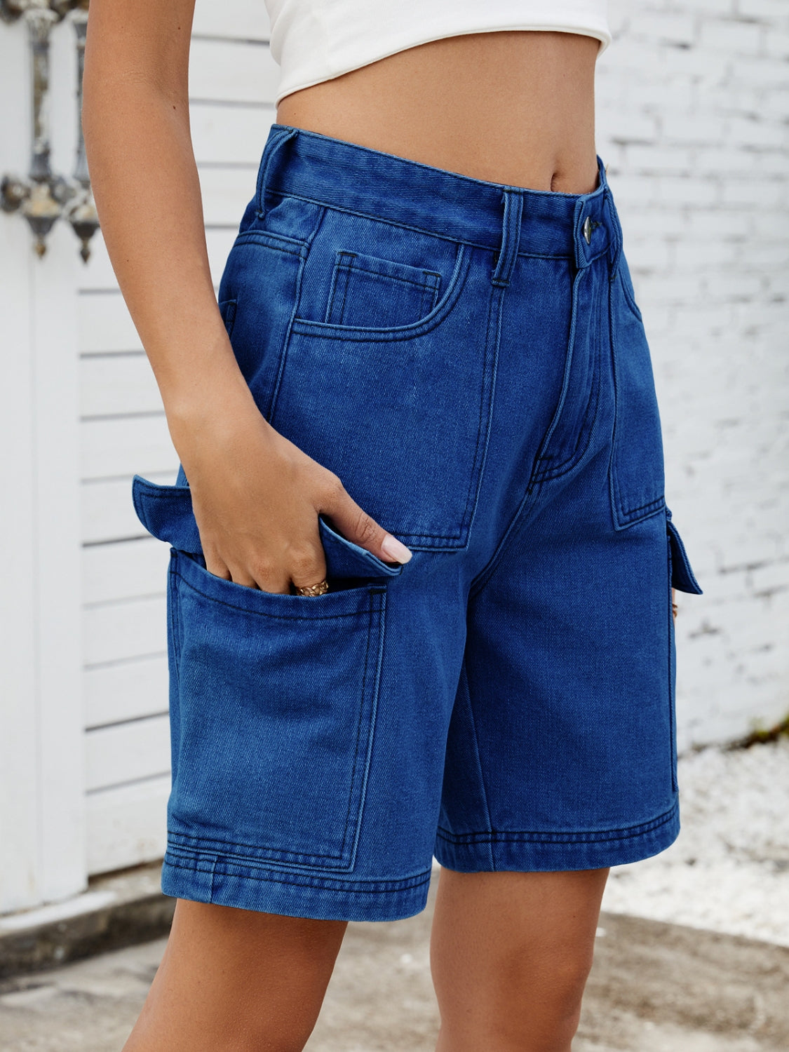 High Waist Denim Shorts with Cargo Pockets - felvior