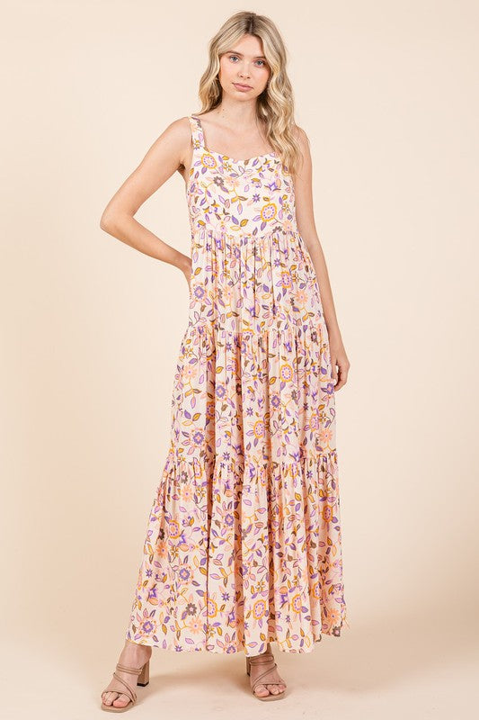 Mittoshop Flower Print Tiered Sleeveless Empire Maxi Dress - felvior