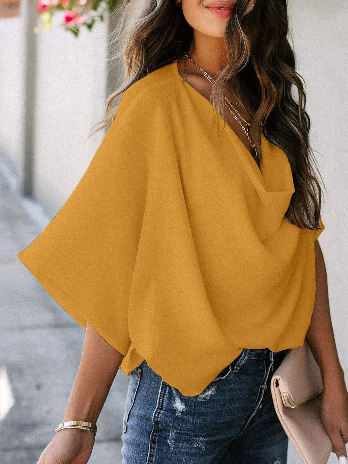 Full Size Ruched Three-Quarter Sleeve Blouse Plus Size - felvior