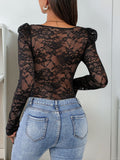 Perfee Sweetheart Neck Long Sleeve Lace Bodysuit - felvior