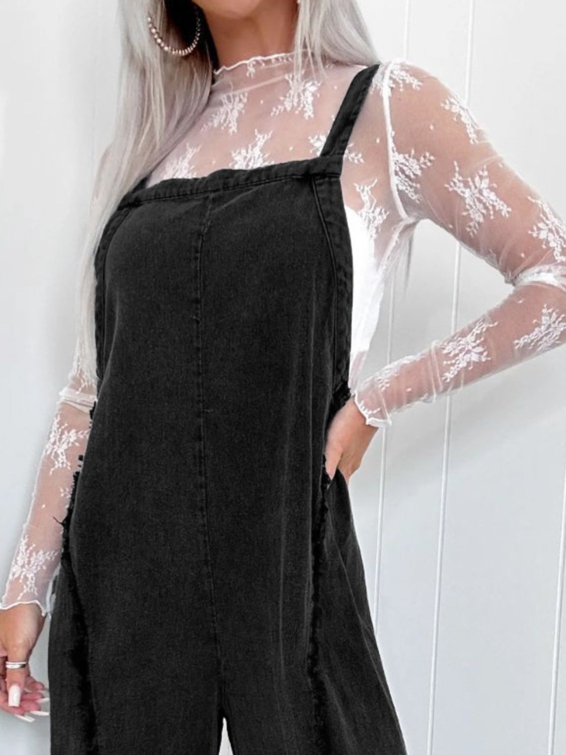 Washed Square Neck Wide Leg Denim Overalls - felvior