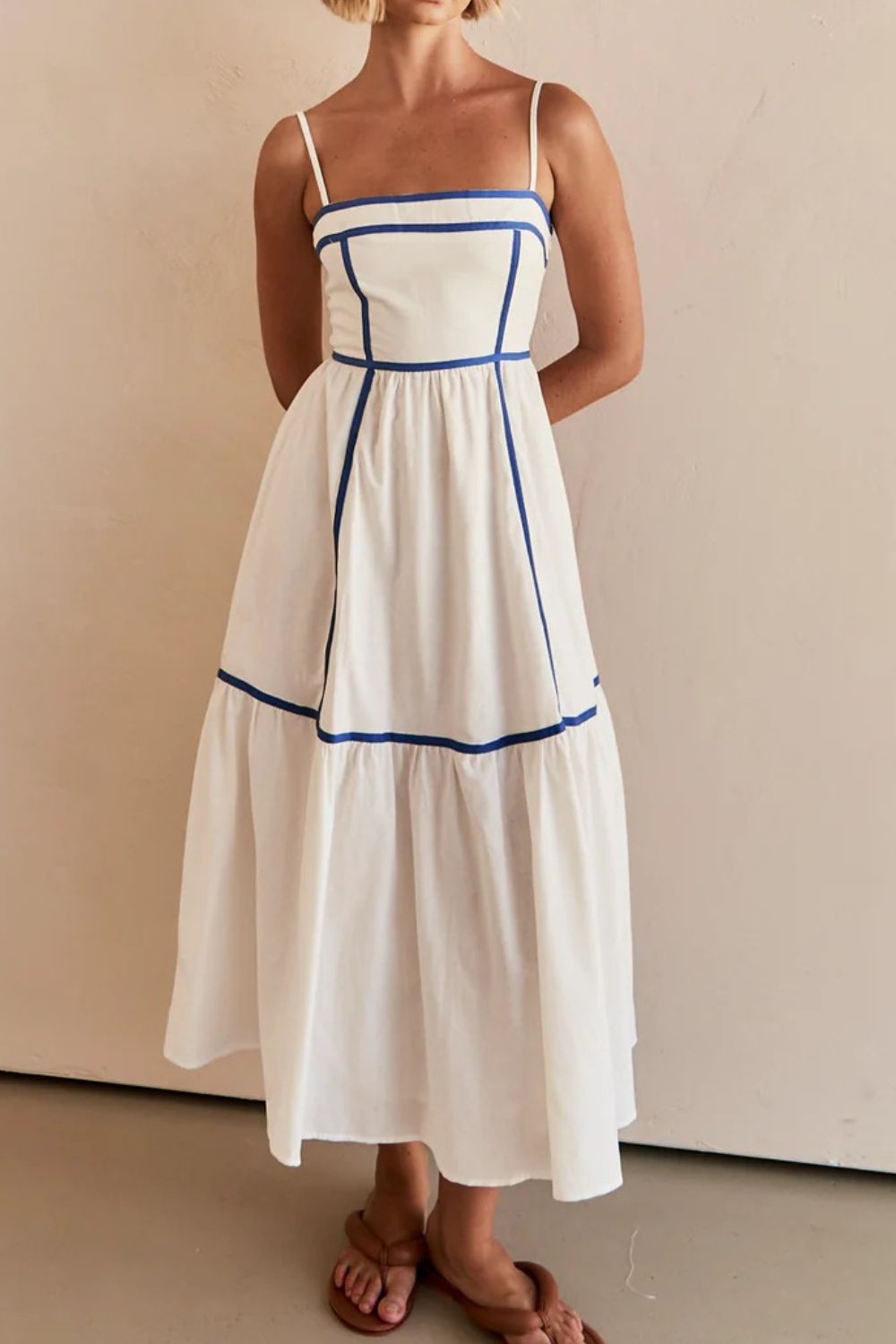 Contrast Trim Square Neck Midi Cami Dress - felvior