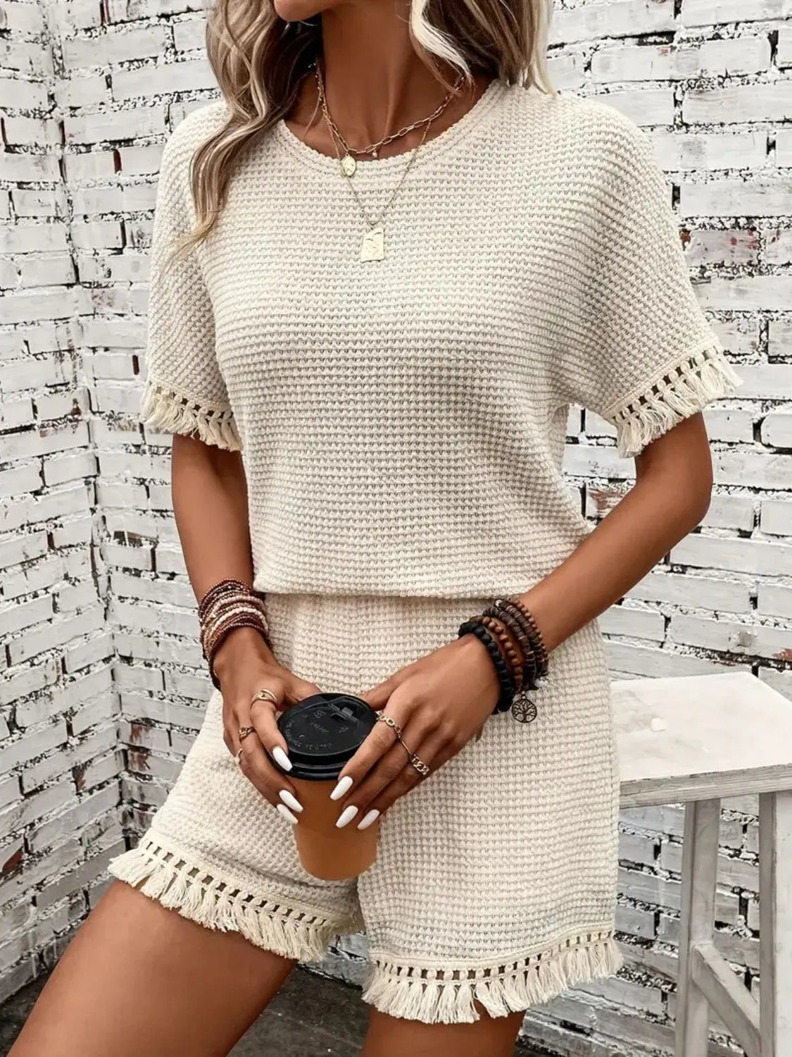 Tassel Round Neck Top and Shorts Set - felvior