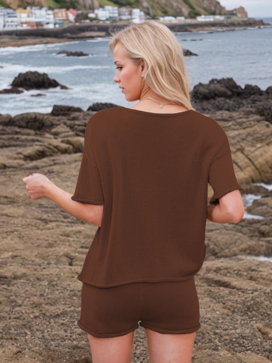 Round Neck Short Sleeve Top and Shorts Sweater Set - felvior