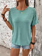 Pearl Detail Round Neck Short Sleeve T-Shirt