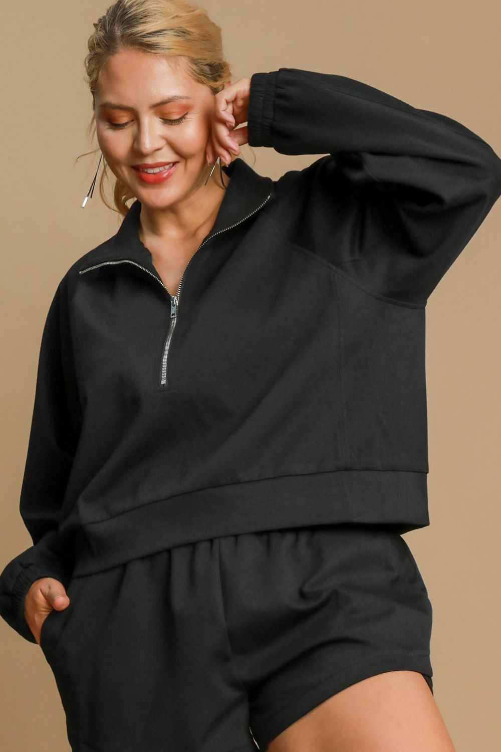 Umgee Full Size Half Zip Cropped Sweatshirt Plus Size - felvior