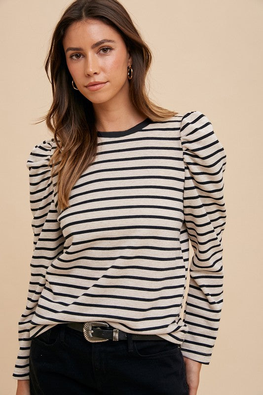 Annie Wear Striped Round Neck Puff Sleeve French Terry Top - felvior