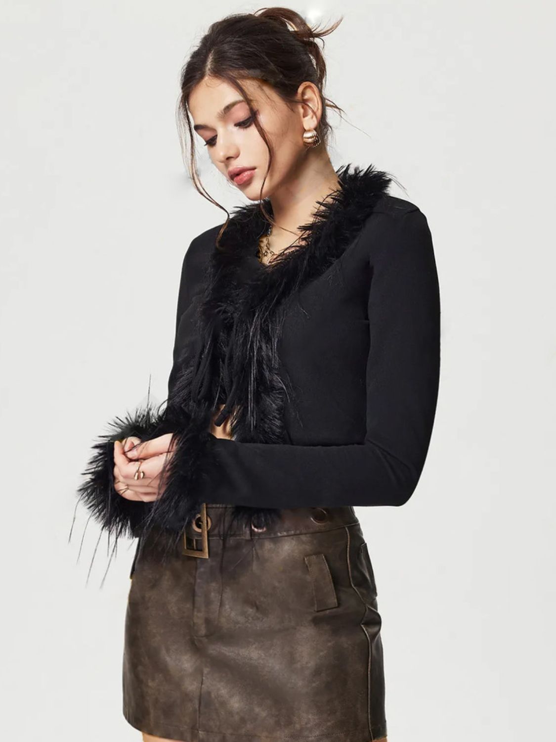 Tied Fuzzy Trim Long Sleeve Knit Cardigan - felvior