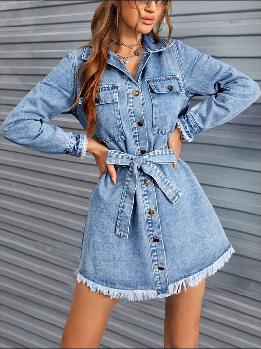 Raw Hem Collared Neck Long Sleeve Denim Dress - felvior