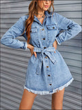 Raw Hem Collared Neck Long Sleeve Denim Dress - felvior