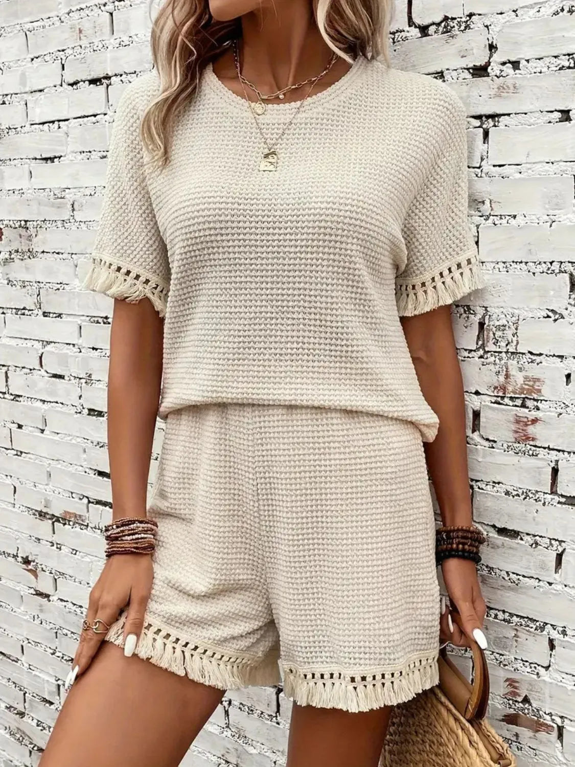 Tassel Round Neck Top and Shorts Set - felvior