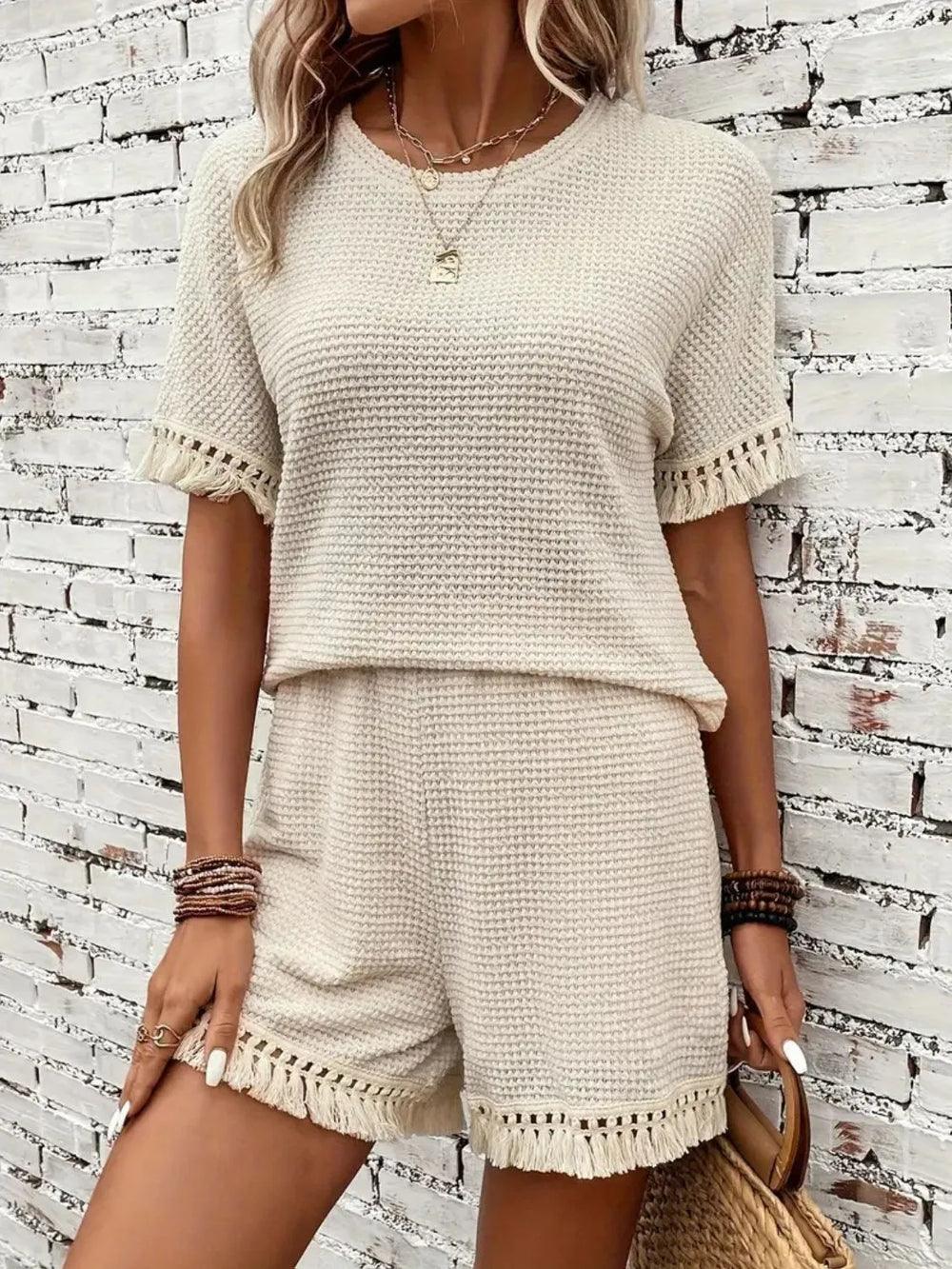 Tassel Round Neck Top and Shorts Set