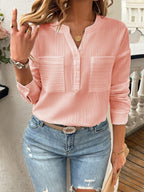 Devine Pocketed Notched Long Sleeve Blouse