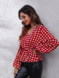 Plaid V-Neck Balloon Sleeve Peplum Blouse - felvior