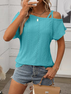 Eyelet Asymmetrical Shoulder Short Sleeve T-Shirt