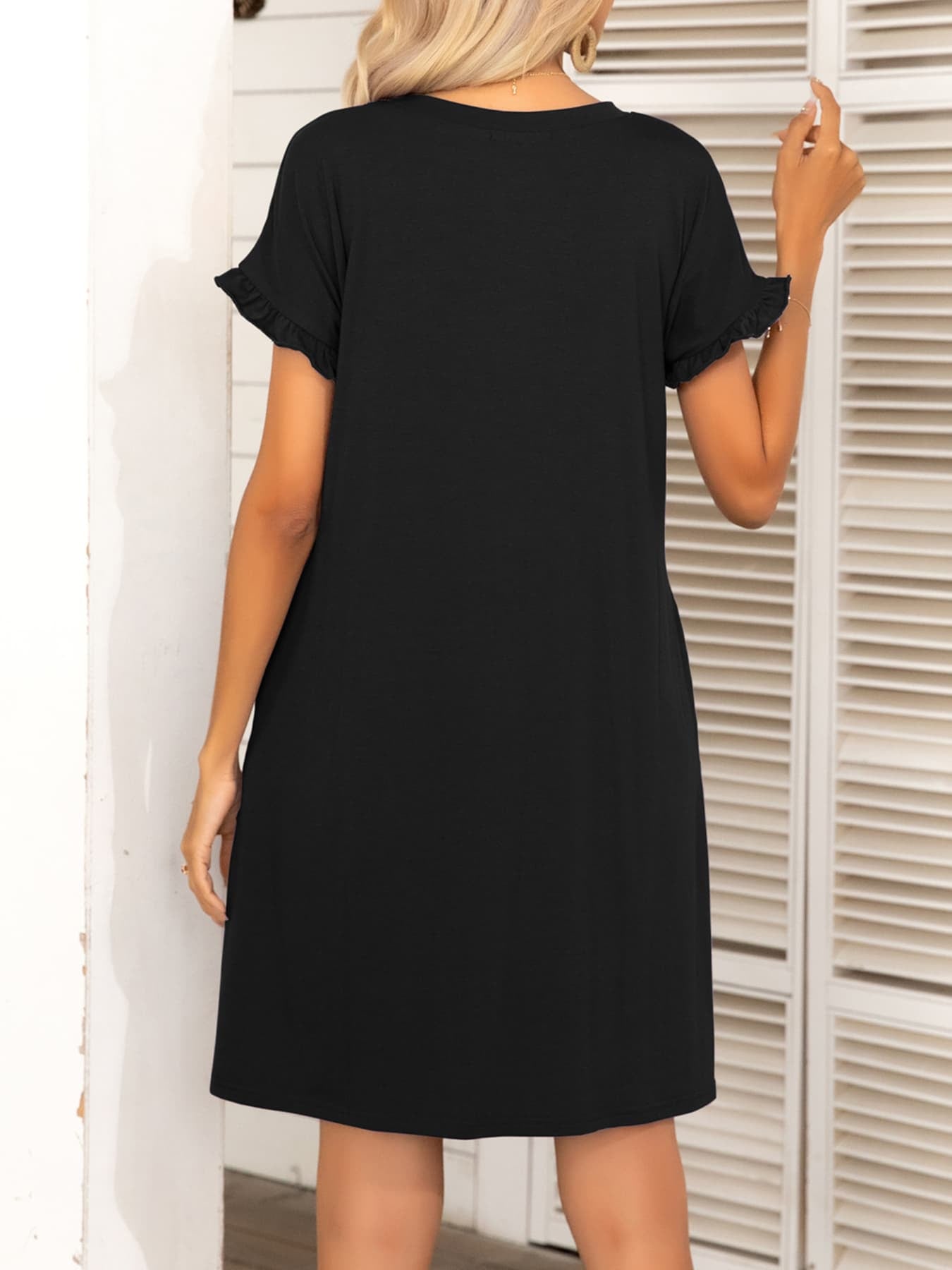 Round Neck Flounce Sleeve Dress with Pockets - felvior