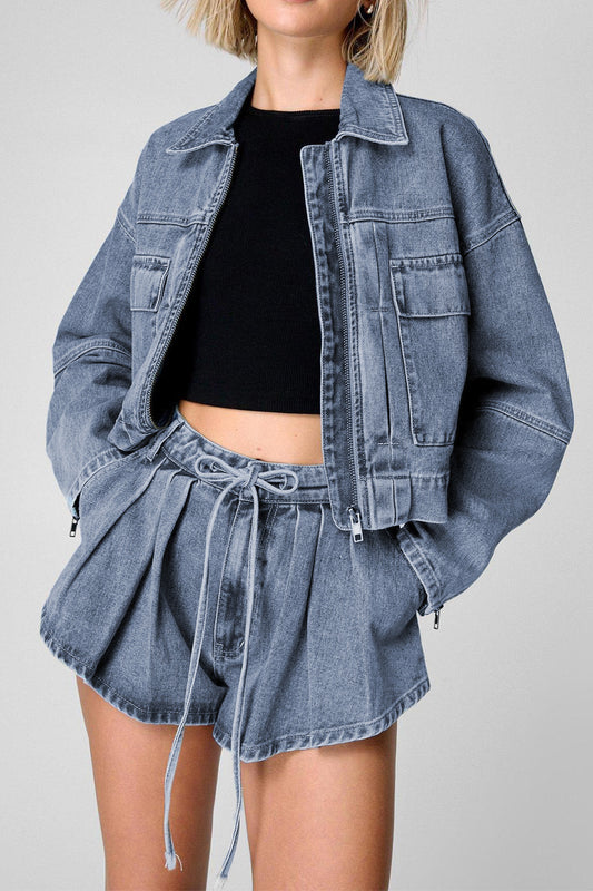 Zip Up Jacket and Drawstring Shorts Denim Set - felvior