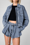 Zip Up Jacket and Drawstring Shorts Denim Set - felvior