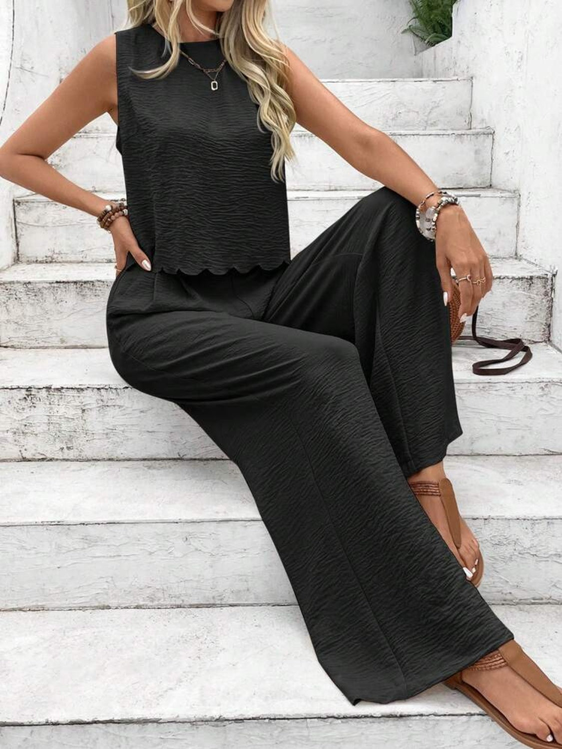 Tie Back Round Neck Top and Pants Set - felvior