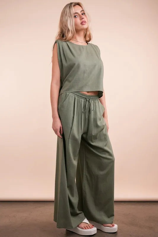 VERY J Solid Woven Top & Pants Set