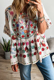Floral Print Round Neck Ruffle Trim Blouse - felvior