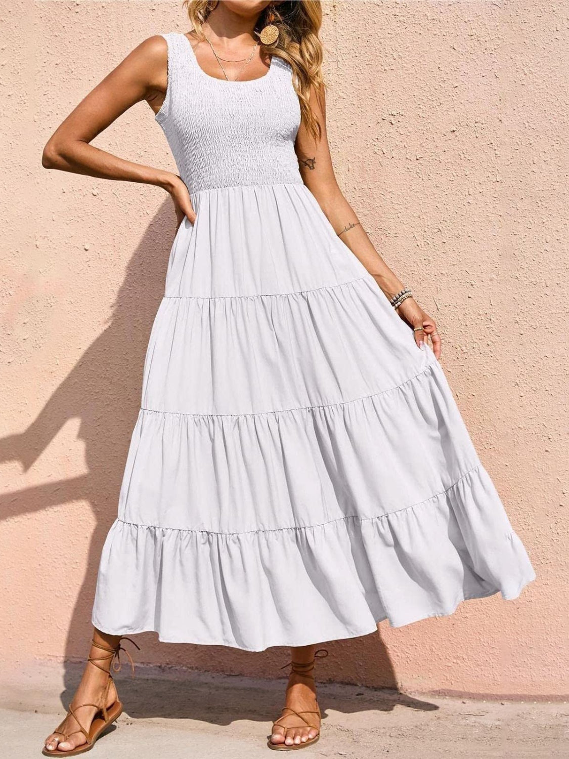 Tiered Smocked Wide Strap Dress - felvior