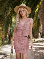 Openwork V-Neck Top and Skirt Knit Cover Up Set
