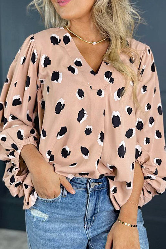 Contrast Animal Print V-Neck Long Sleeve Blouse - felvior