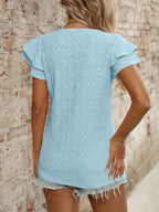 Eyelet V-Neck Ruffled Cap Sleeve Top