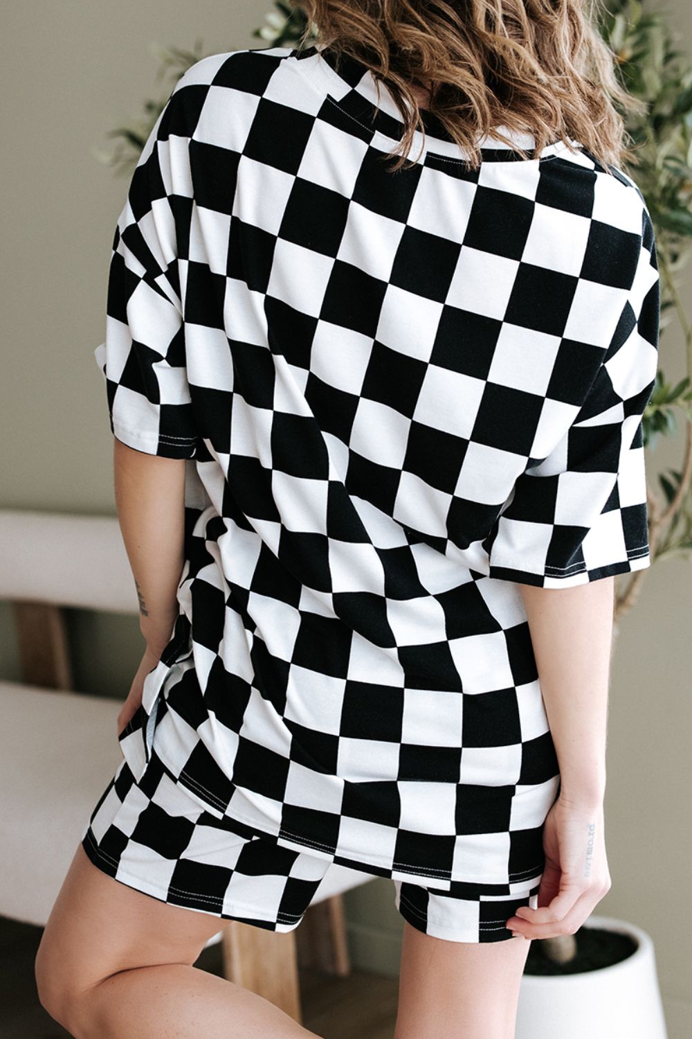 Checkerboard V Neck Loose Tee and Shorts Set - felvior