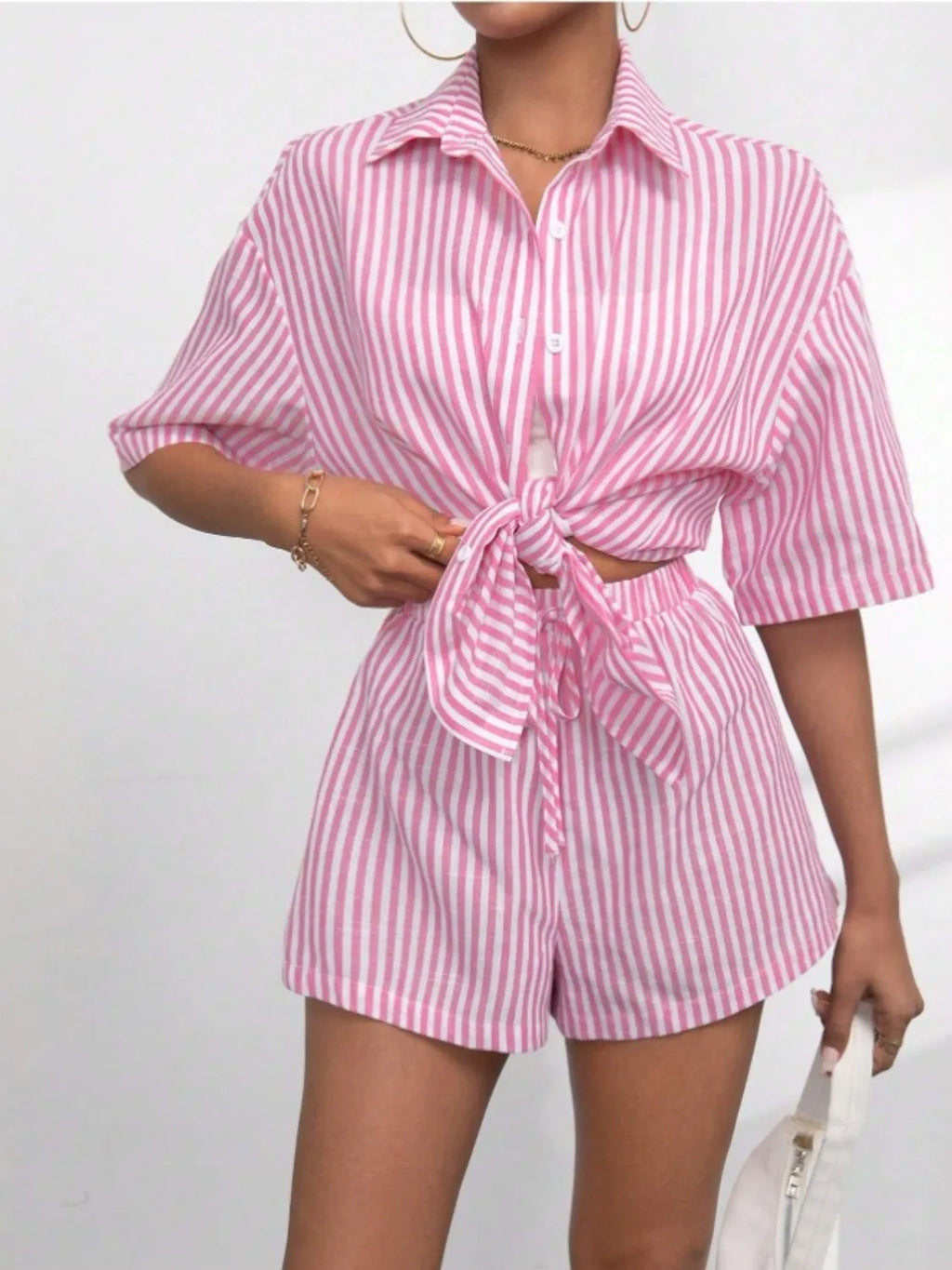 Striped Button Up Shirt and Shorts Set