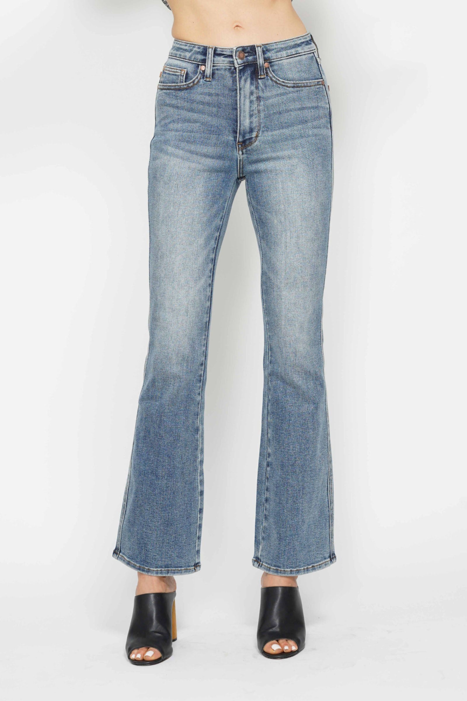 Judy Blue Full Size Tummy Control Back Embroidered Pocketed Bootcut Jeans Plus Size - felvior
