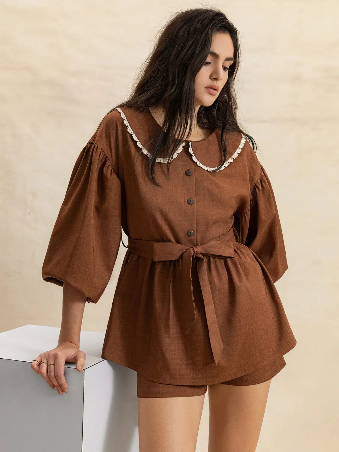 Peter Pan Collar Balloon Sleeve Top and Shorts Set - felvior