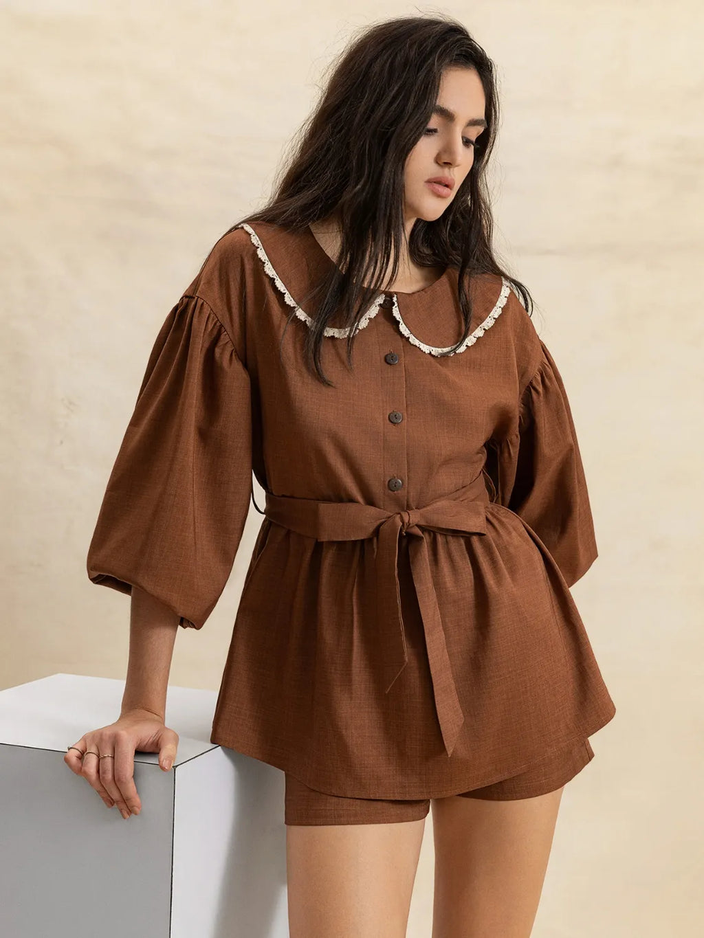 Peter Pan Collar Balloon Sleeve Top and Shorts Set