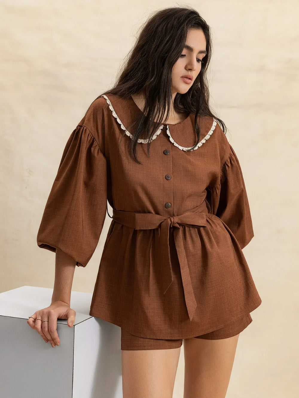 Peter Pan Collar Balloon Sleeve Top and Shorts Set