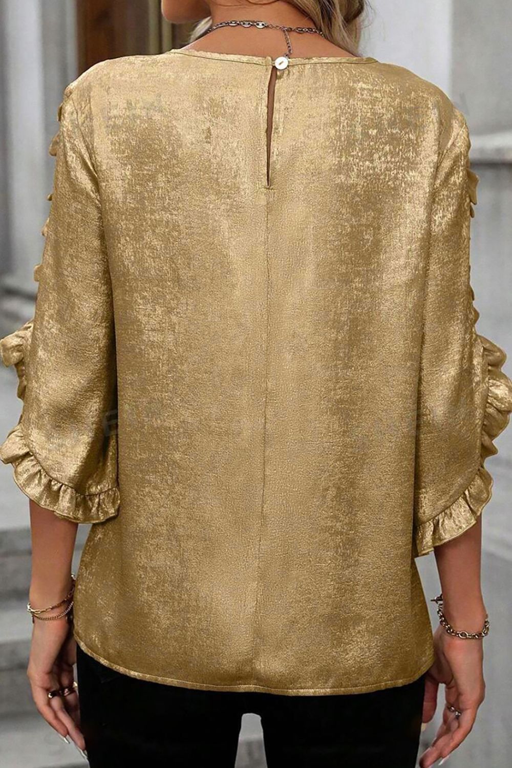 Metallic Luster Round Neck Frill 3/4 Sleeve Blouse - felvior
