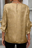 Metallic Luster Round Neck Frill 3/4 Sleeve Blouse - felvior