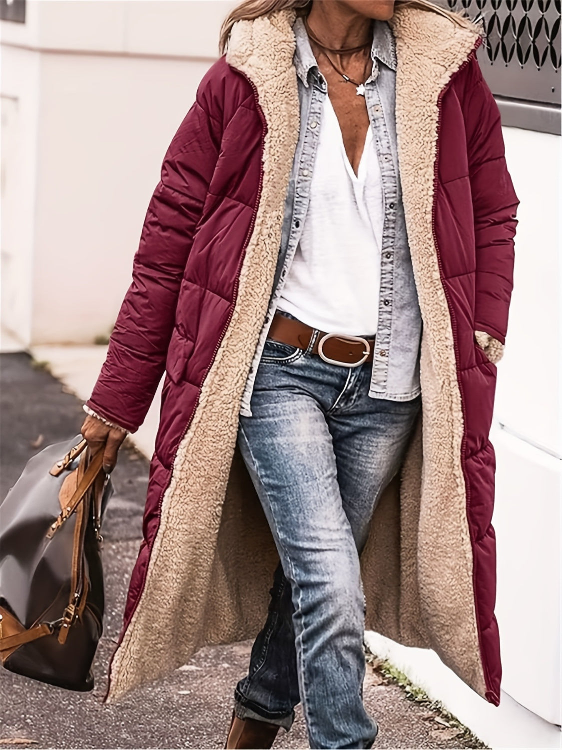 Full Size Zip Up Sherpa Hooded Coat - felvior