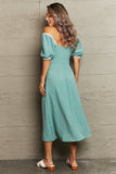 Perfee Swiss Dot Slit Off-Shoulder Dress - felvior
