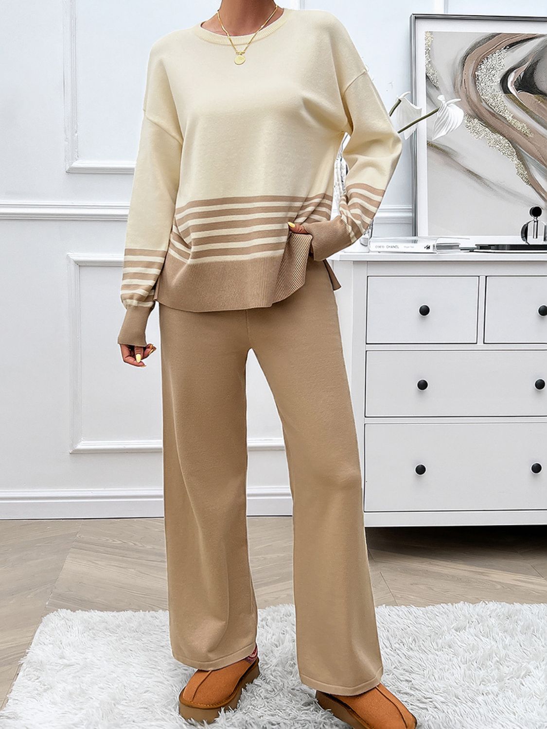 Devine Slit Striped Round Neck Top and Pants Sweater Set - felvior