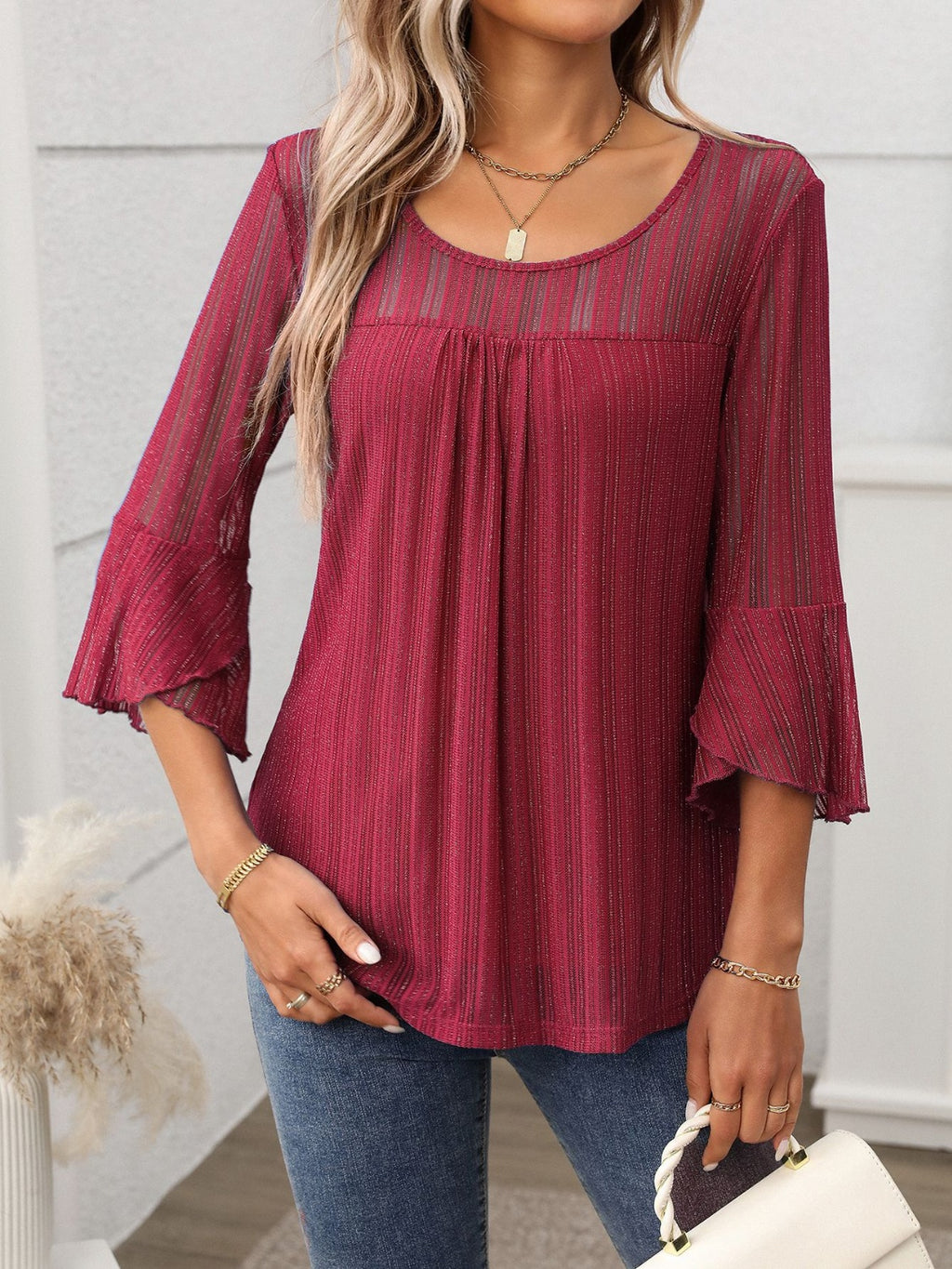 Round Neck Three-Quarter Sleeve Top